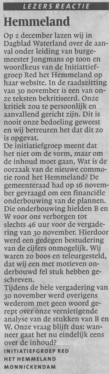 Ingezonden brief in Noord-Hollands Dagblad van Initiatiefgroep 6 december 2006