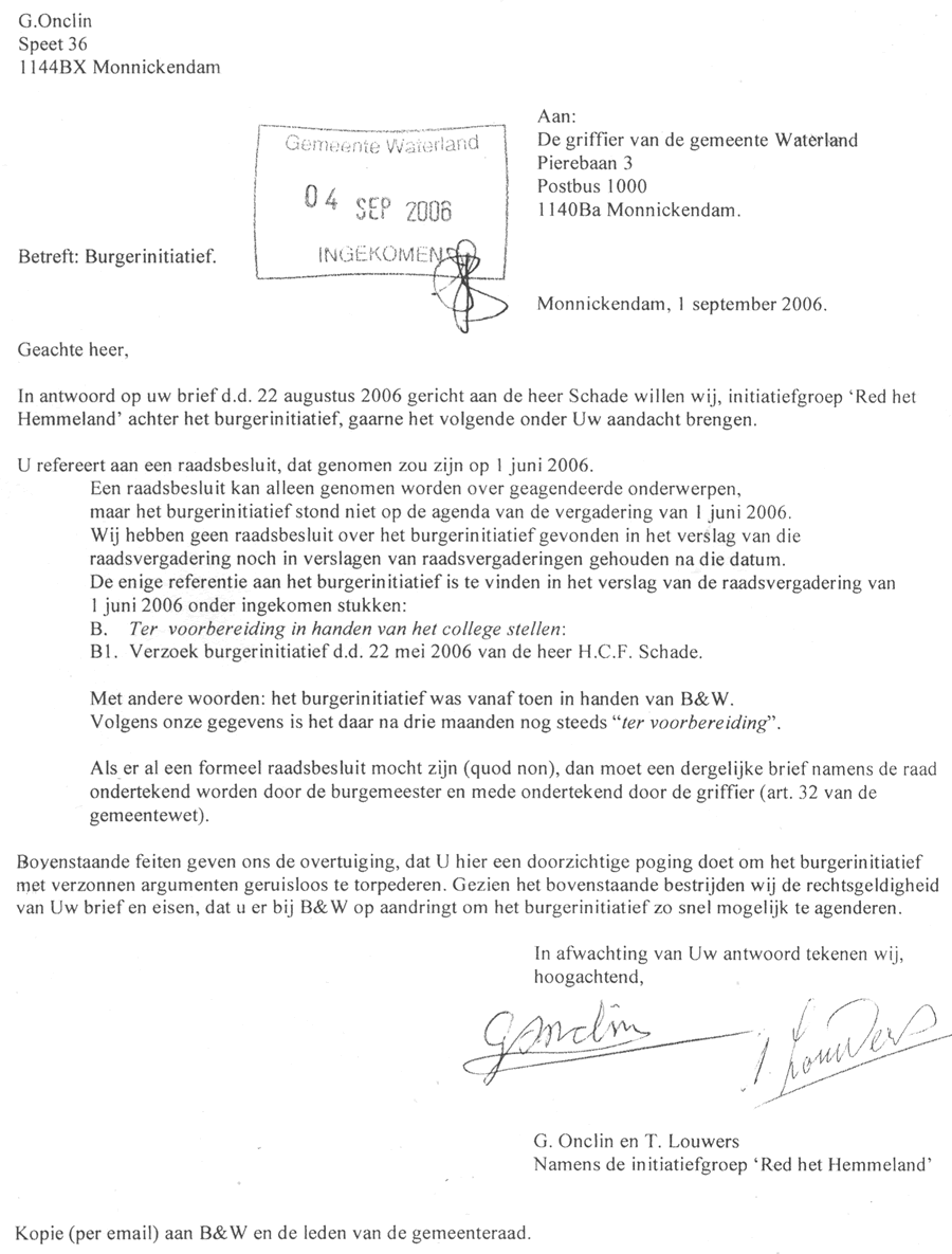 Brief aan griffier over Burgerinitiatief 4 sep 2006