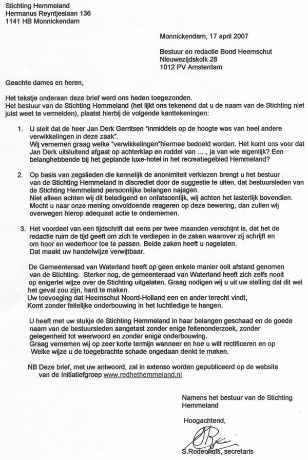 Brief van Stichting Hemmeland aan de Bond Heemschut