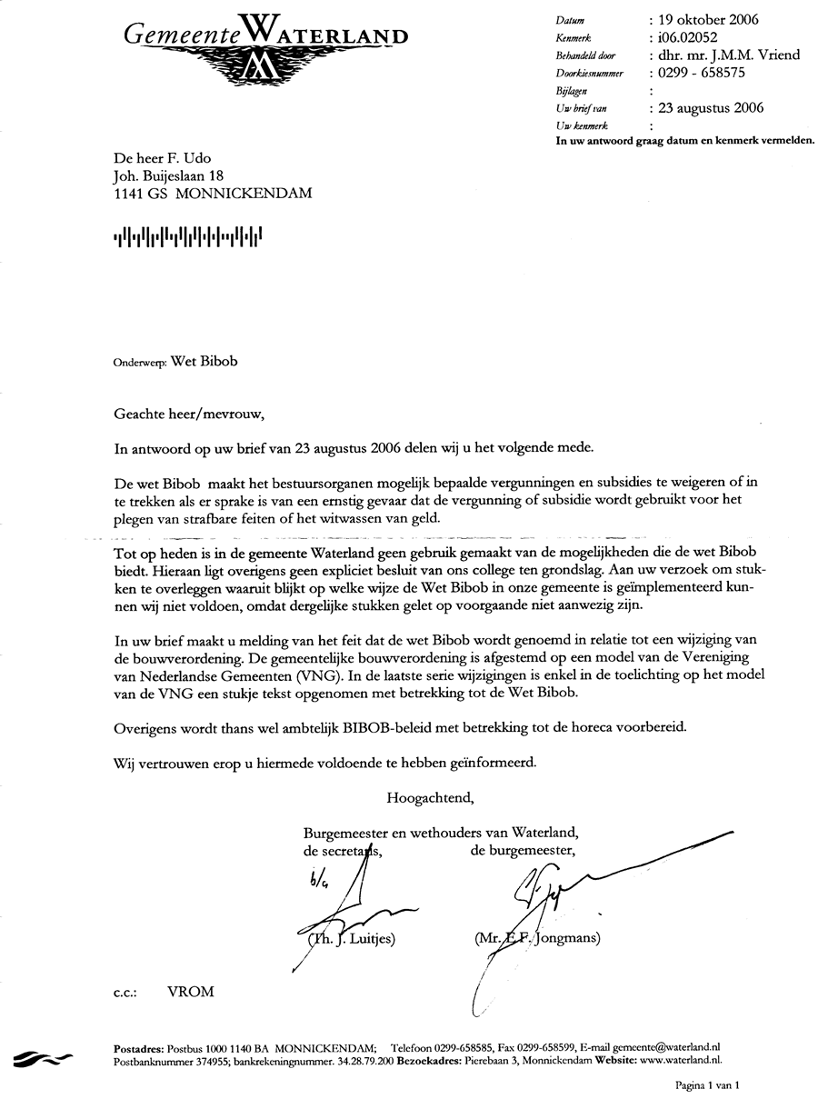 Brief van gemeente over BIBOB 19 okt 2006