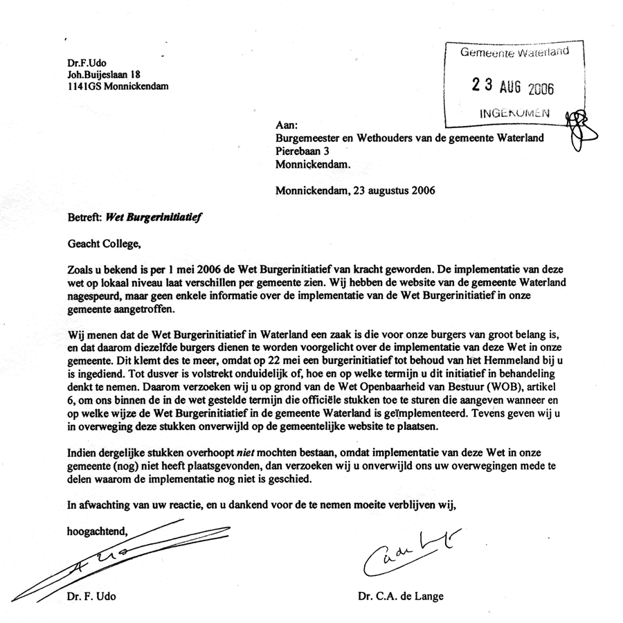 Brief over Burgerinitiatief 23 aug 2006