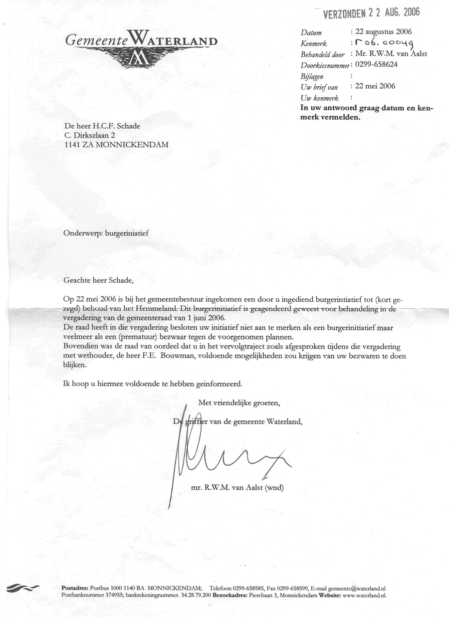Brief gemeente over Burgerinitiatief 22 aug 2006