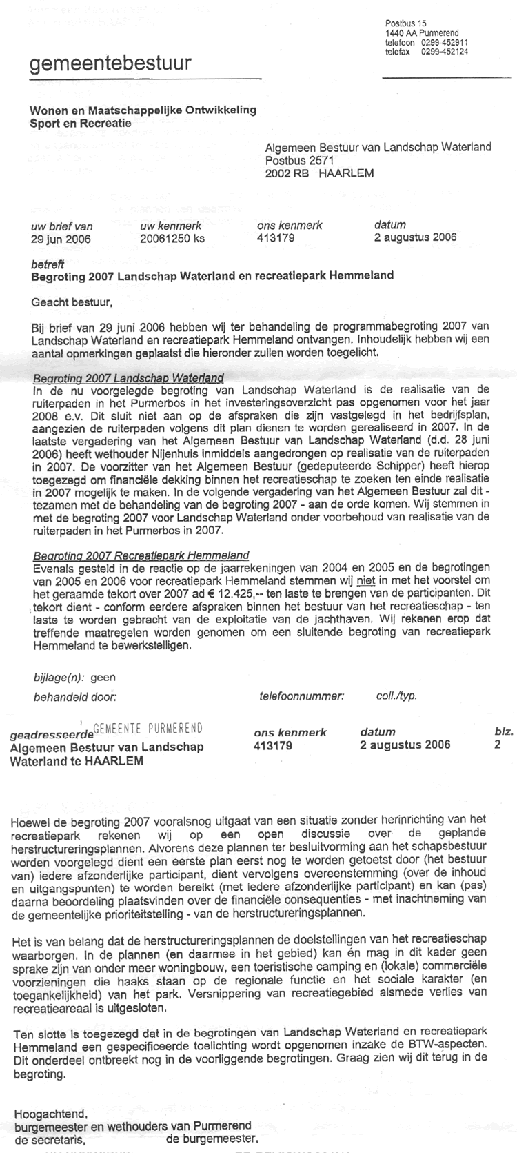 Brief van gemeente Purmerend 2 aug 2006