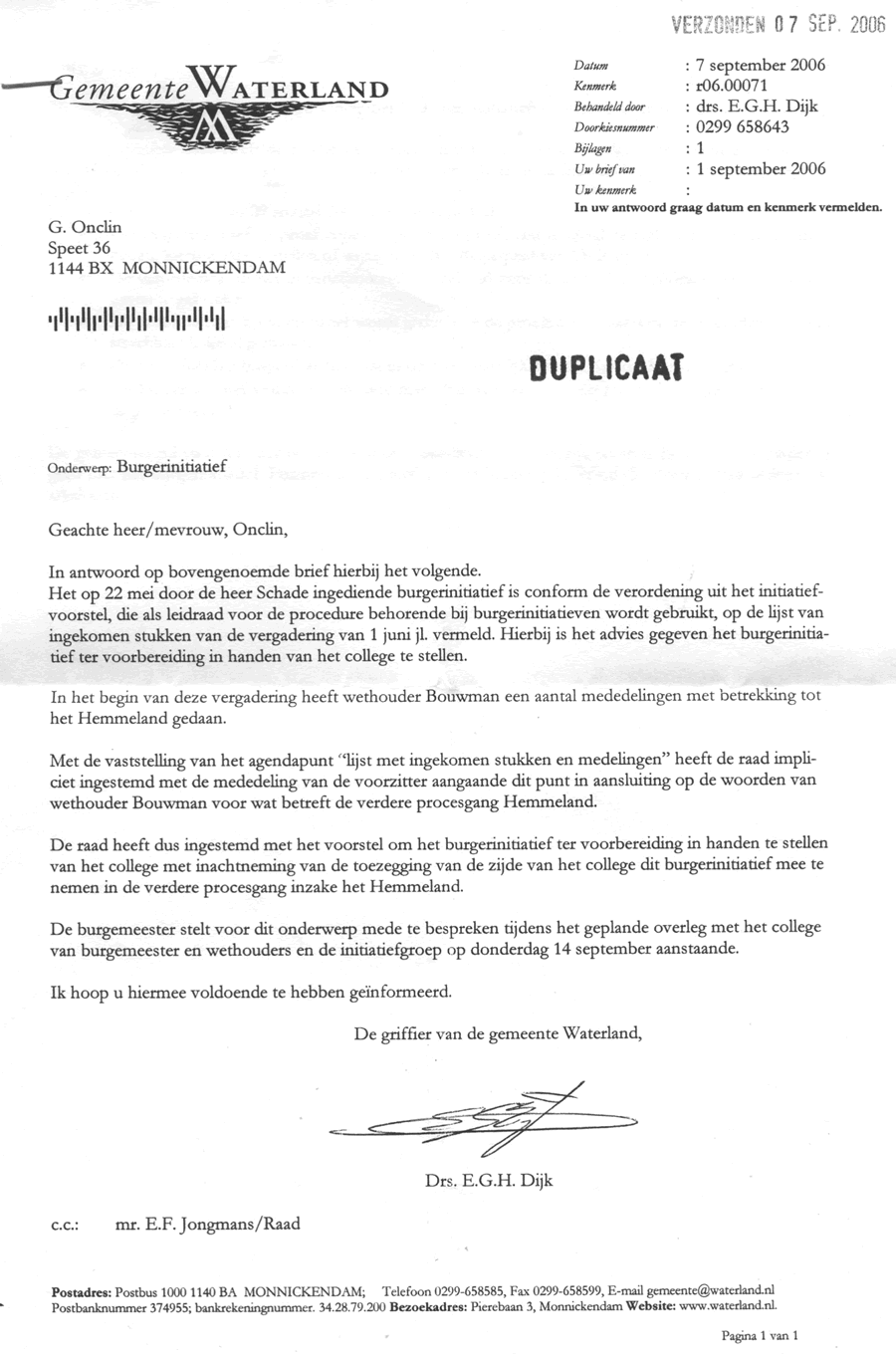 Brief van griffier over Burgerinitiatief 7 sep 2006