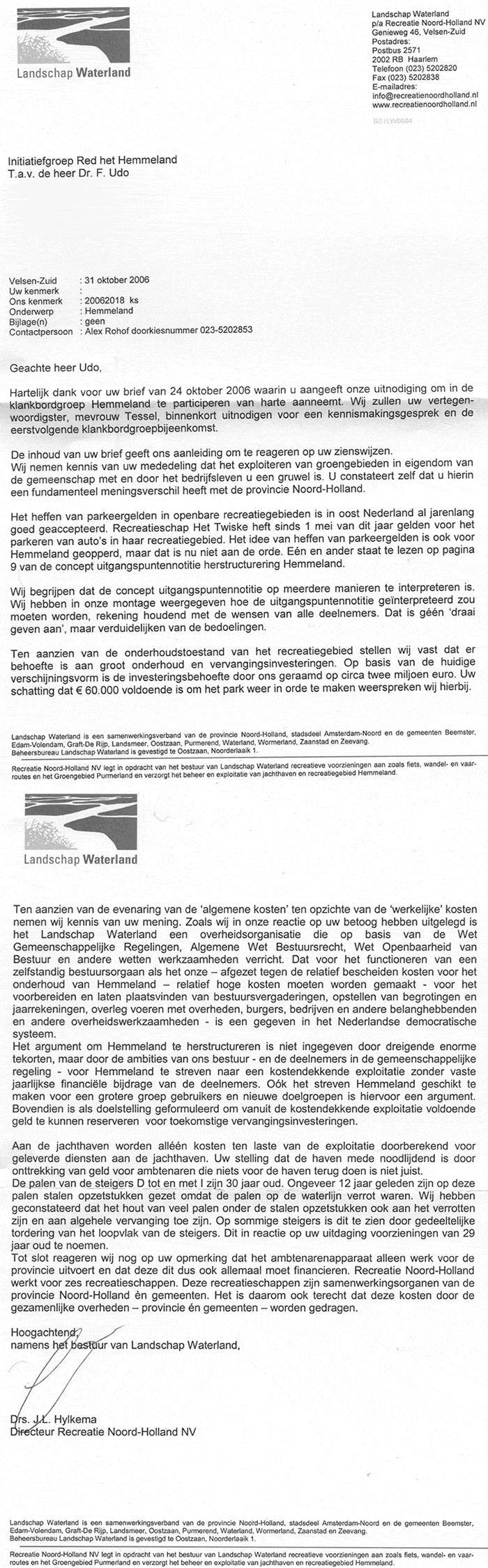 Brief van Landschap Waterland 19 okt 2006