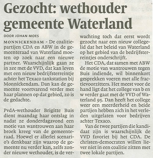 'Gezocht: wethouder gemeente Waterland' (Noord-Hollands Dagblad 5 april 2008).