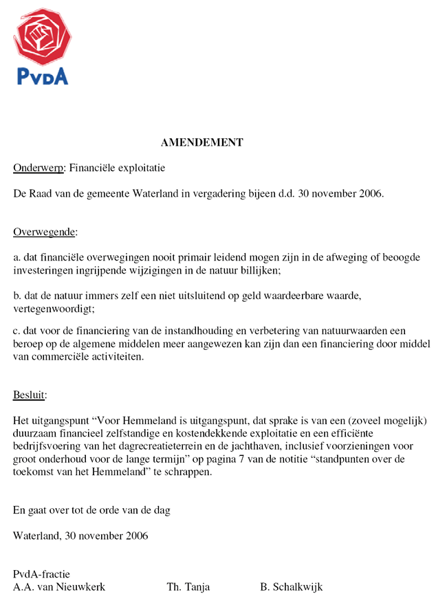 Amendement van de PvdA op de plannen van B&W met het Hemmeland