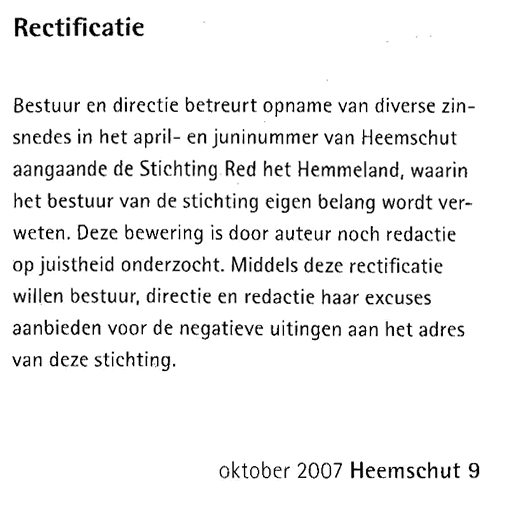 Excuses van de Bond Heemschut aan het Bestuur van Stichting Hemmeland.