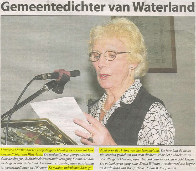 Martha Aarsen gemeentedichteres van Waterland (Witte Weekblad).